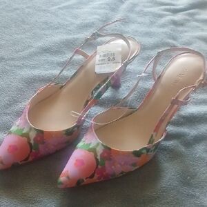 Nine West Pink Floral Pointed Slingback Heels